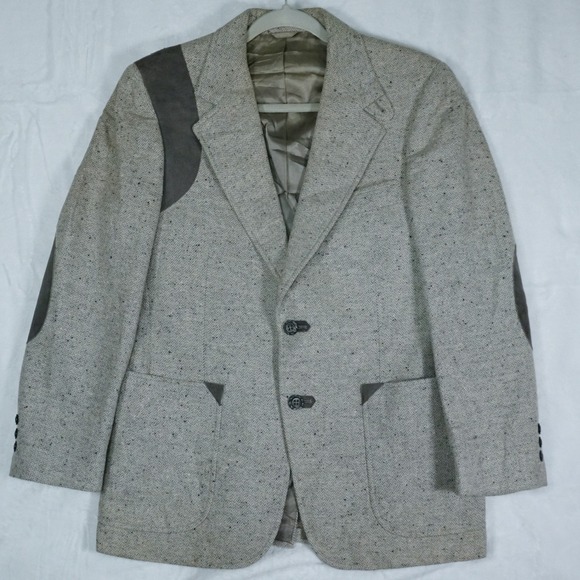 Vintage Tweed Blazer 40R-42R Gray Herringbone Elbow Patch Union Made Academia - Picture 5 of 16